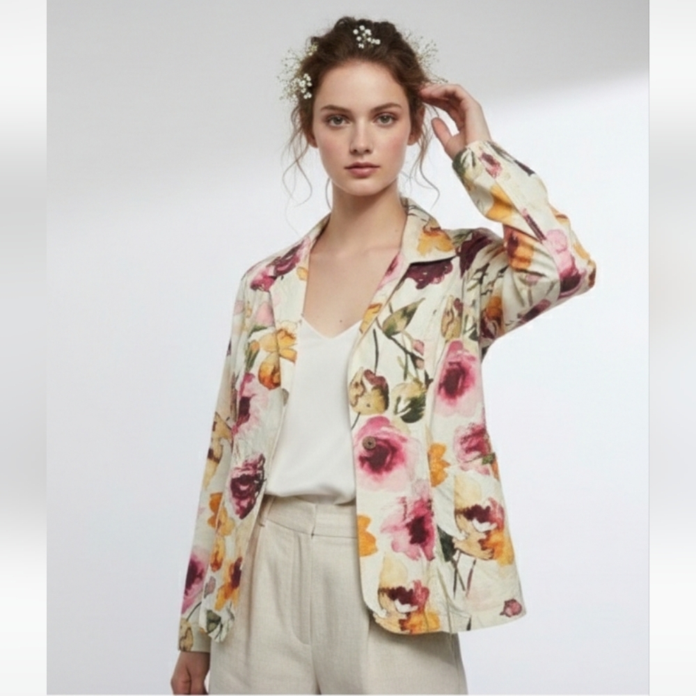 Coldwater Creek Jacket Floral Boho Artsy Pink White  12